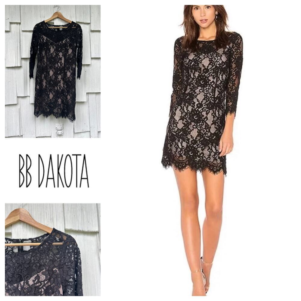 BB Dakota Women's Black Lace Tan Lining 3/4‎ Sleeve Mini Dress, Size 6 NWT